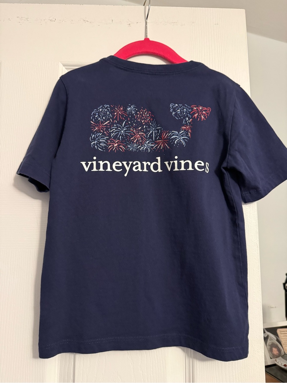 Vineyard Vines Navy Tee with Red, White & Blue Firework Whale